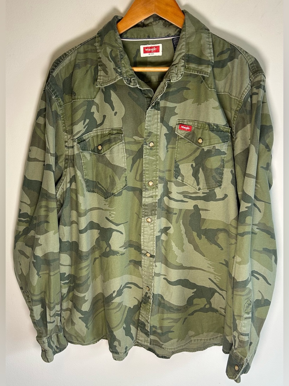 Wrangler Green Camo Pearl Snap Western Long Sleeve Shirt Mens Size XXL Military